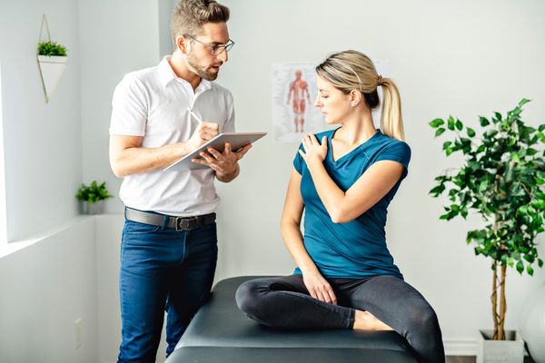 A clinician talking to a woman about her shoulder problem