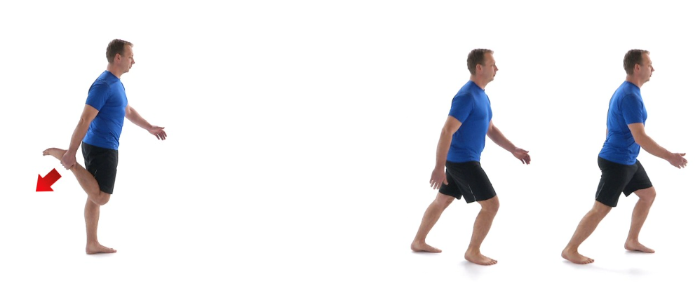 A man doing an active quadricep stretch exercise   