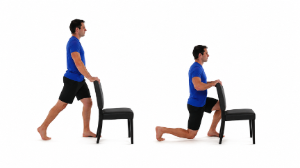 Man performing assisted lunges using a chair for support and stability