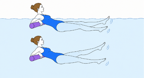 Figure of woman in pool doing flutter kicks