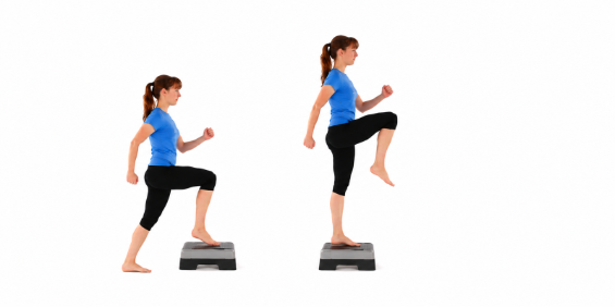 woman demonstrating step-ups on a platform